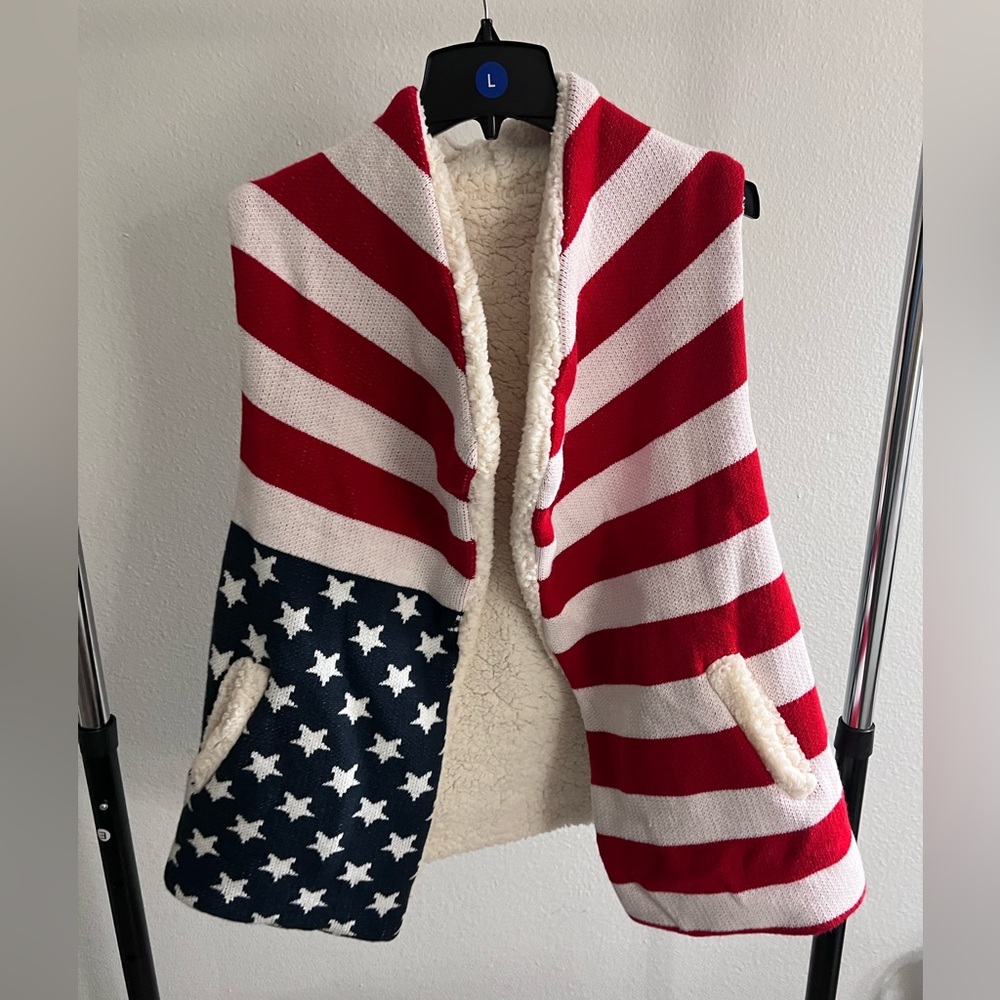 Boutique made patriotic vest - one size, sheep skin lined
